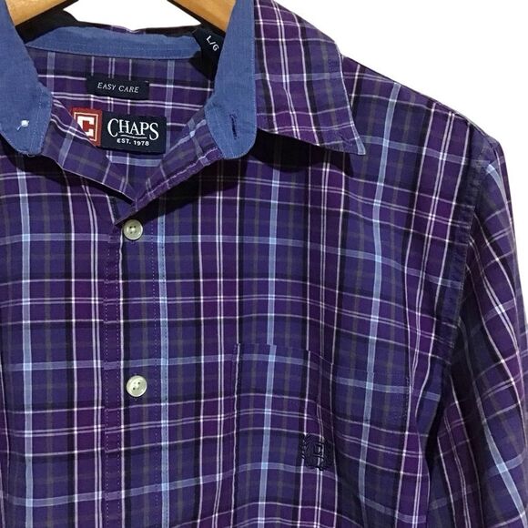 CHAPS Easy Care Purple Plaid Button Up Shirt L - Picture 2 of 7